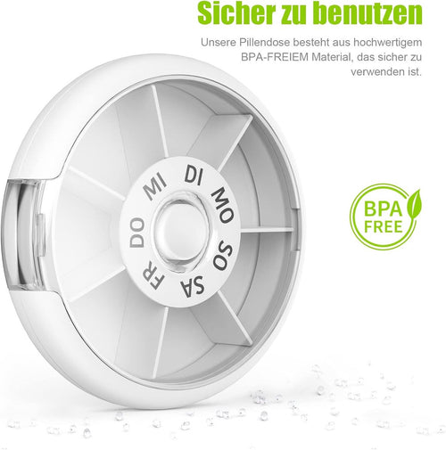 7-Day Round Pill Box – One-Button Release, BPA-Free, Portable – White